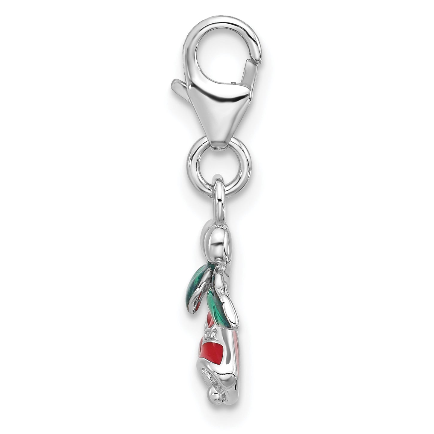 Amore La Vita Sterling Silver Rhodium-plated Red Enameled Christmas Bells with Green Enameled Leaves on Top Charm with Fancy Lobster Clasp