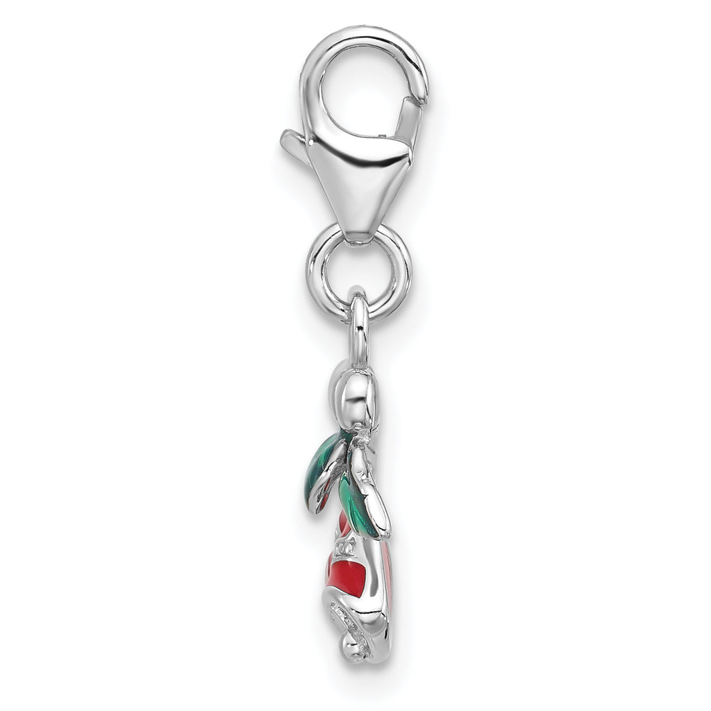 Amore La Vita Sterling Silver Rhodium-plated Red Enameled Christmas Bells with Green Enameled Leaves on Top Charm with Fancy Lobster Clasp