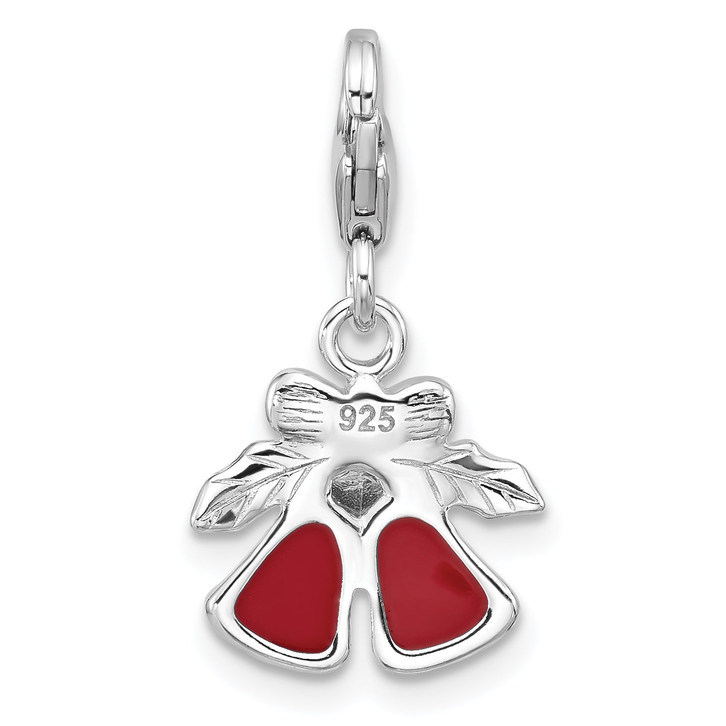 Amore La Vita Sterling Silver Rhodium-plated Red Enameled Christmas Bells with Green Enameled Leaves on Top Charm with Fancy Lobster Clasp