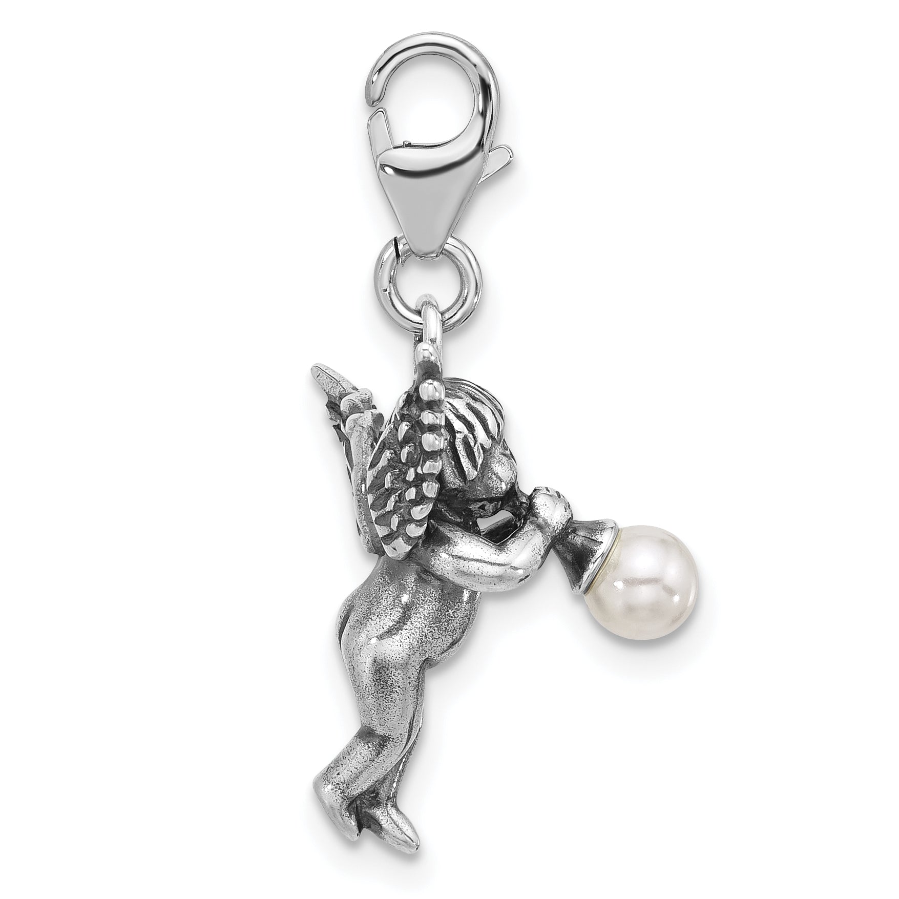 Amore La Vita Sterling Silver Rhodium-plated 3-D Antiqued Angel with Horn with Shell Pearl on The End Charm with Fancy Lobster Clasp Secondary image