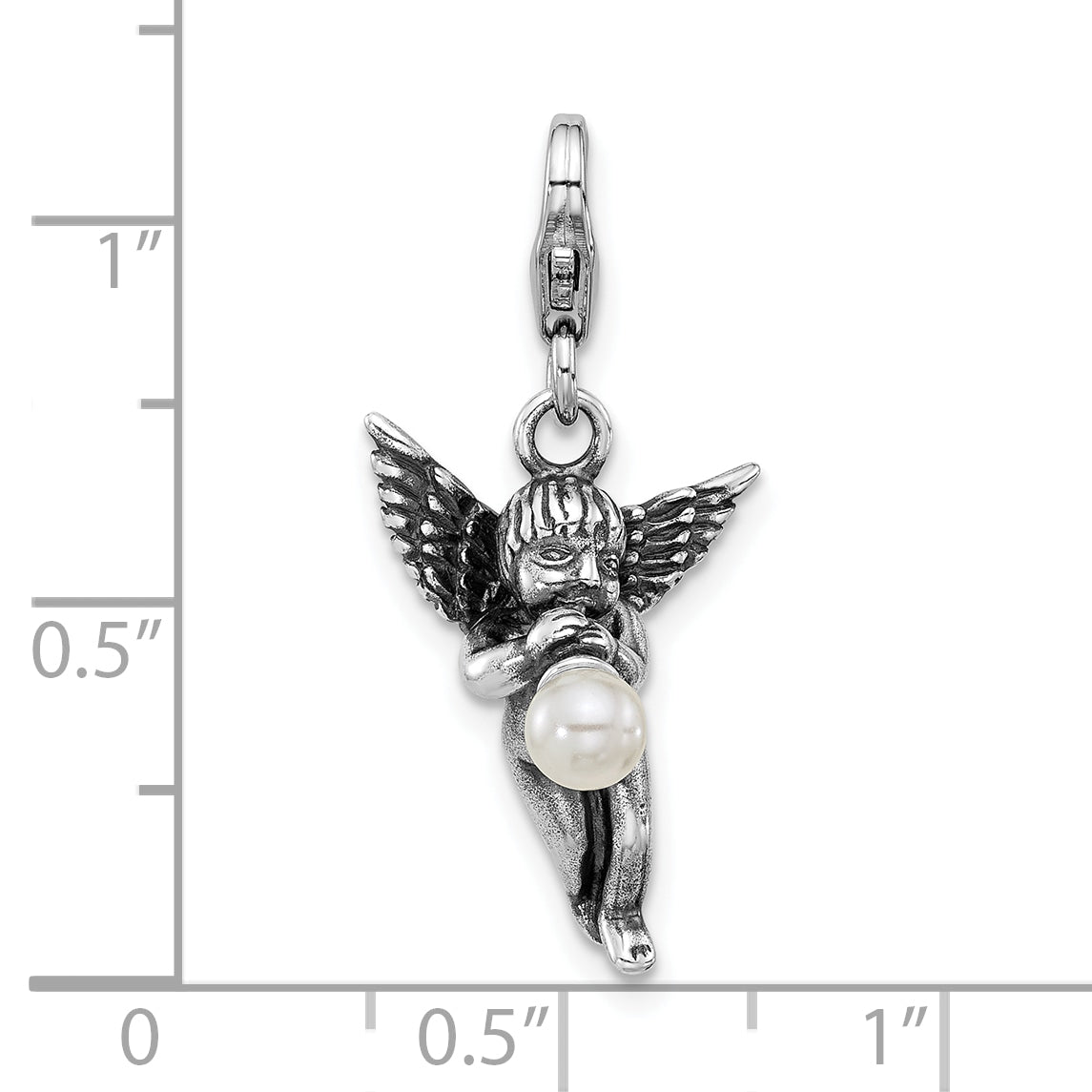 Amore La Vita Sterling Silver Rhodium-plated 3-D Antiqued Angel with Horn with Shell Pearl on The End Charm with Fancy Lobster Clasp