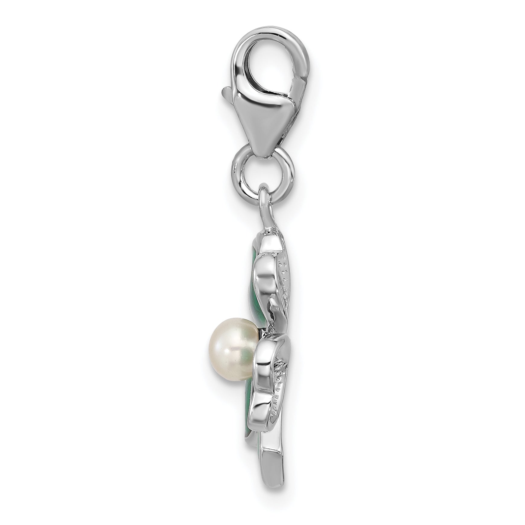 Amore La Vita Sterling Silver Rhodium-plated Green Enameled 4 Leaf Clover with Freshwater Cultured Pearl Charm with Fancy Lobster Clasp