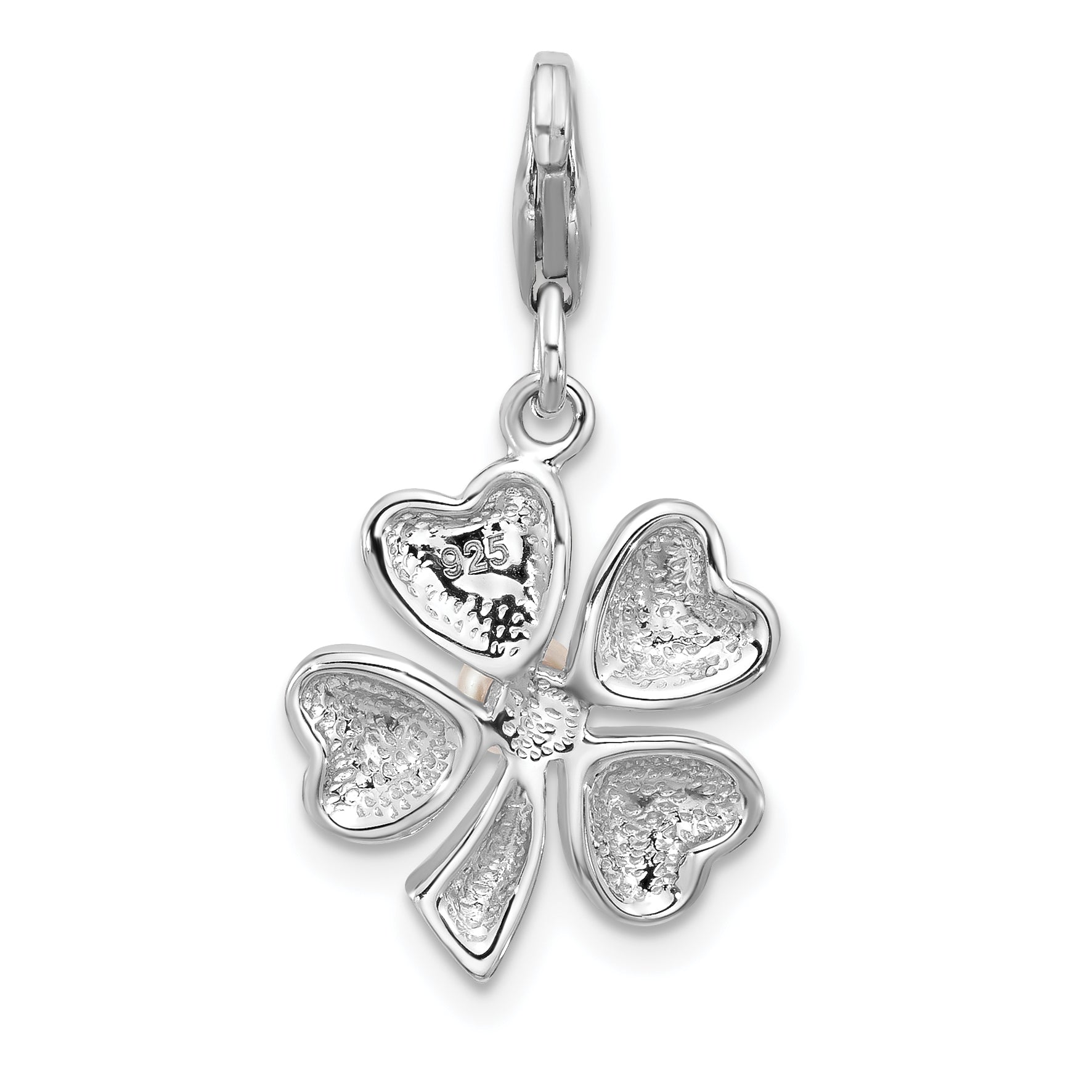 Amore La Vita Sterling Silver Rhodium-plated Green Enameled 4 Leaf Clover with Freshwater Cultured Pearl Charm with Fancy Lobster Clasp