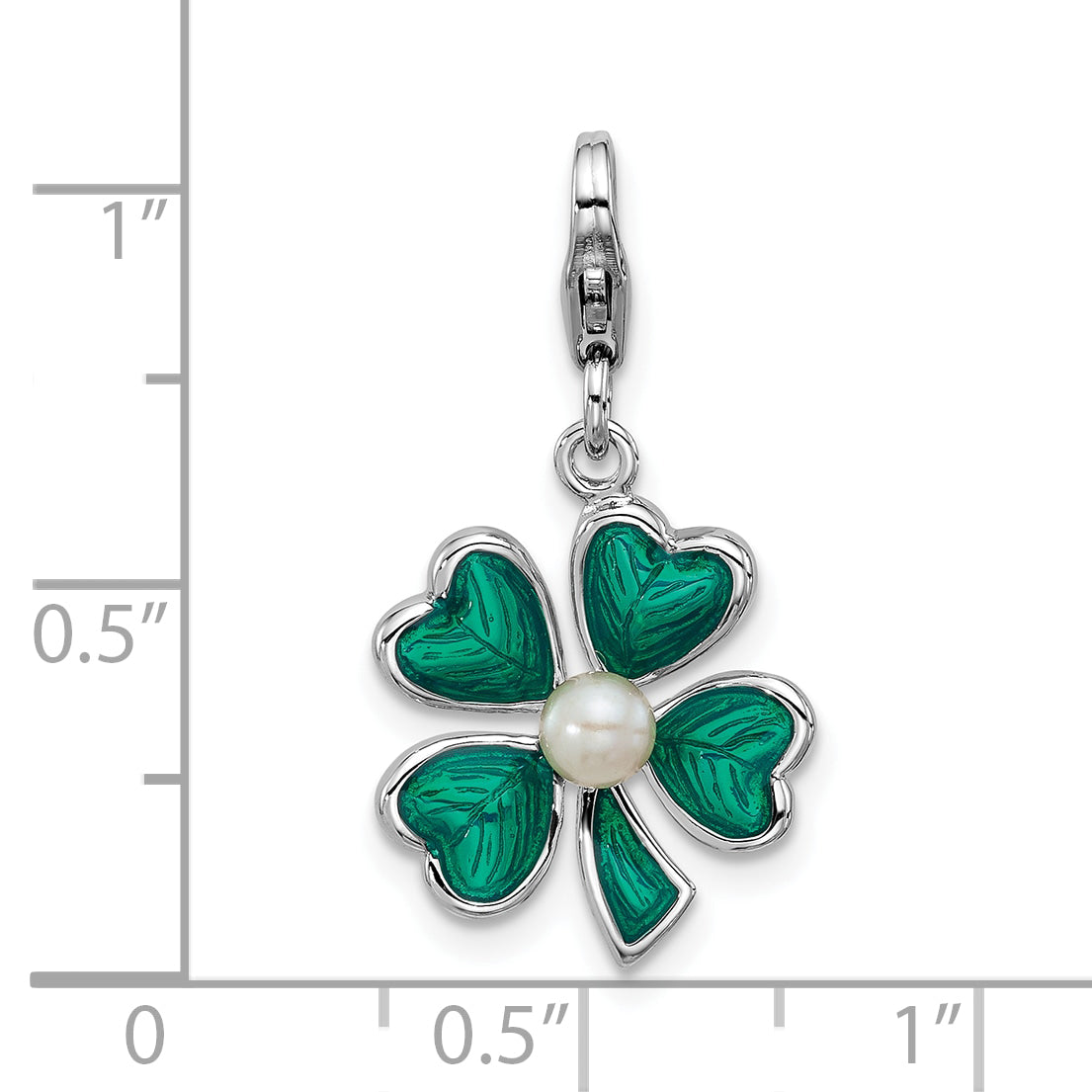 Amore La Vita Sterling Silver Rhodium-plated Green Enameled 4 Leaf Clover with Freshwater Cultured Pearl Charm with Fancy Lobster Clasp