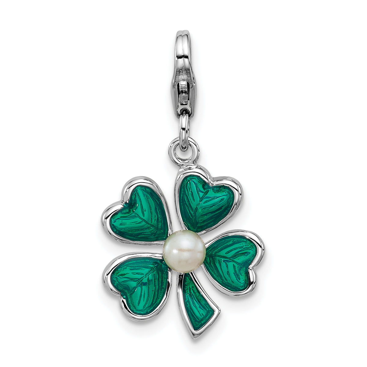 Amore La Vita Sterling Silver Rhodium-plated Green Enameled 4 Leaf Clover with Freshwater Cultured Pearl Charm with Fancy Lobster Clasp