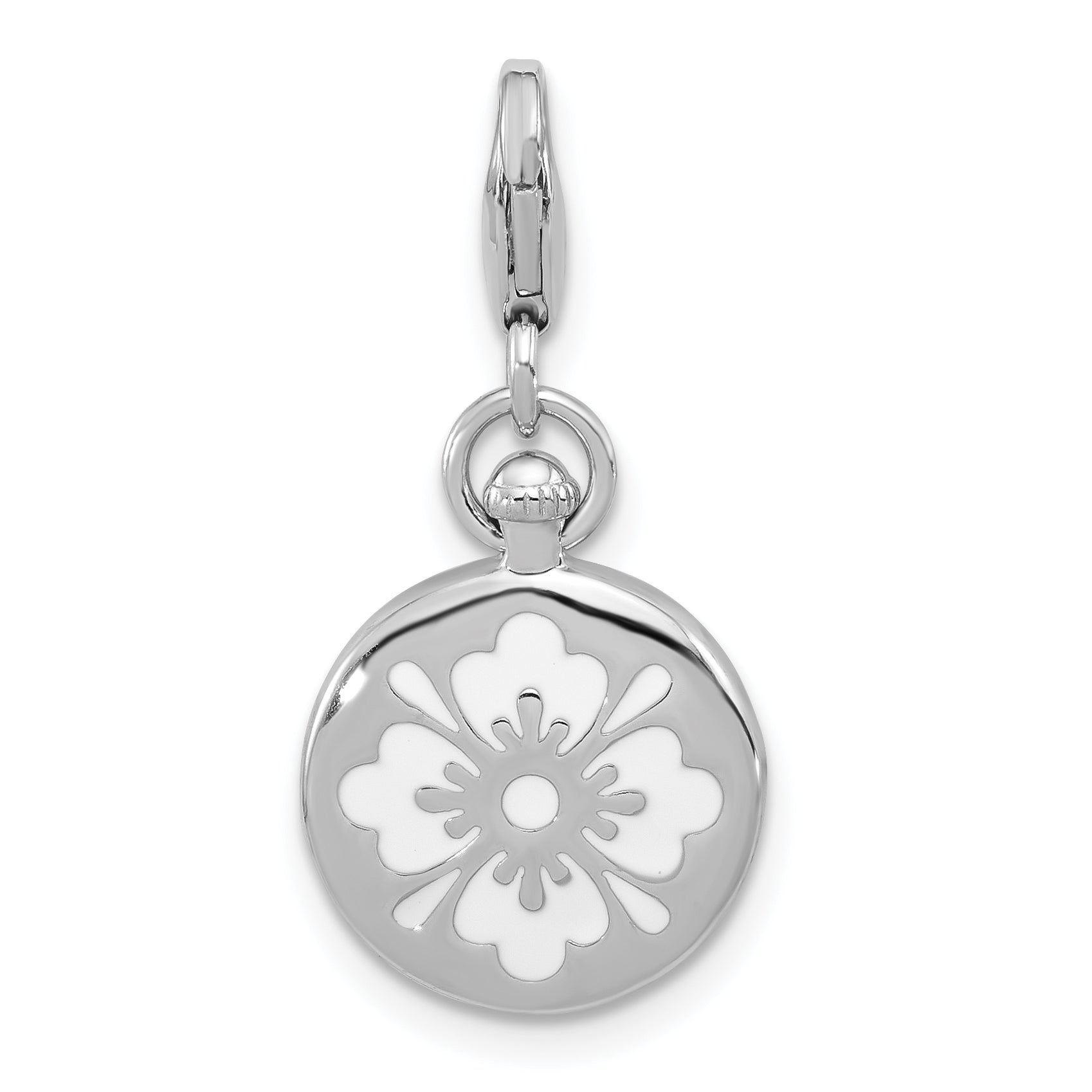 Amore La Vita Sterling Silver Rhodium-plated 3-D Reversible Black/Red and White Enameled Compass Charm with Fancy Lobster Clasp