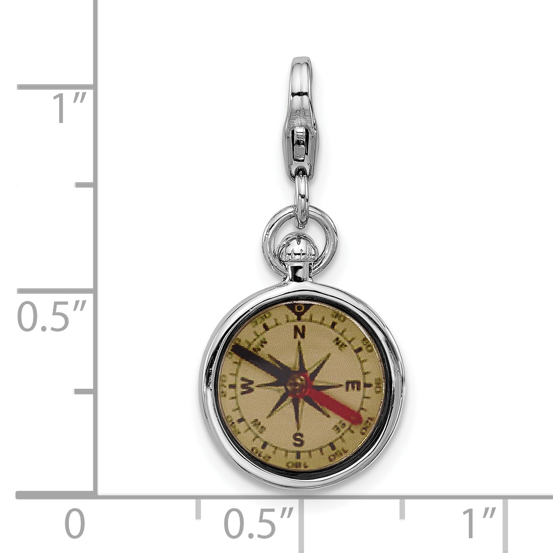 Amore La Vita Sterling Silver Rhodium-plated 3-D Reversible Black/Red and White Enameled Compass Charm with Fancy Lobster Clasp