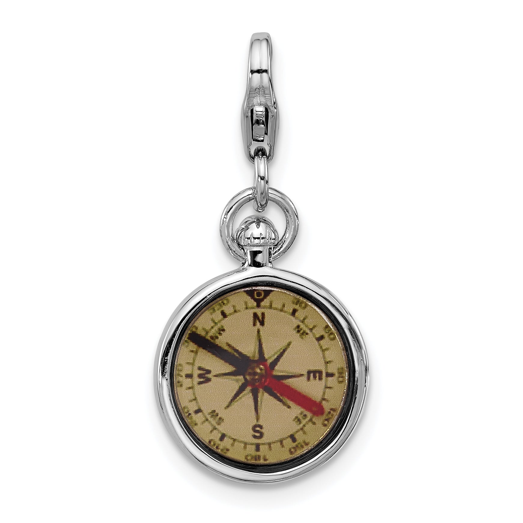 Amore La Vita Sterling Silver Rhodium-plated 3-D Reversible Black/Red and White Enameled Compass Charm with Fancy Lobster Clasp Main image