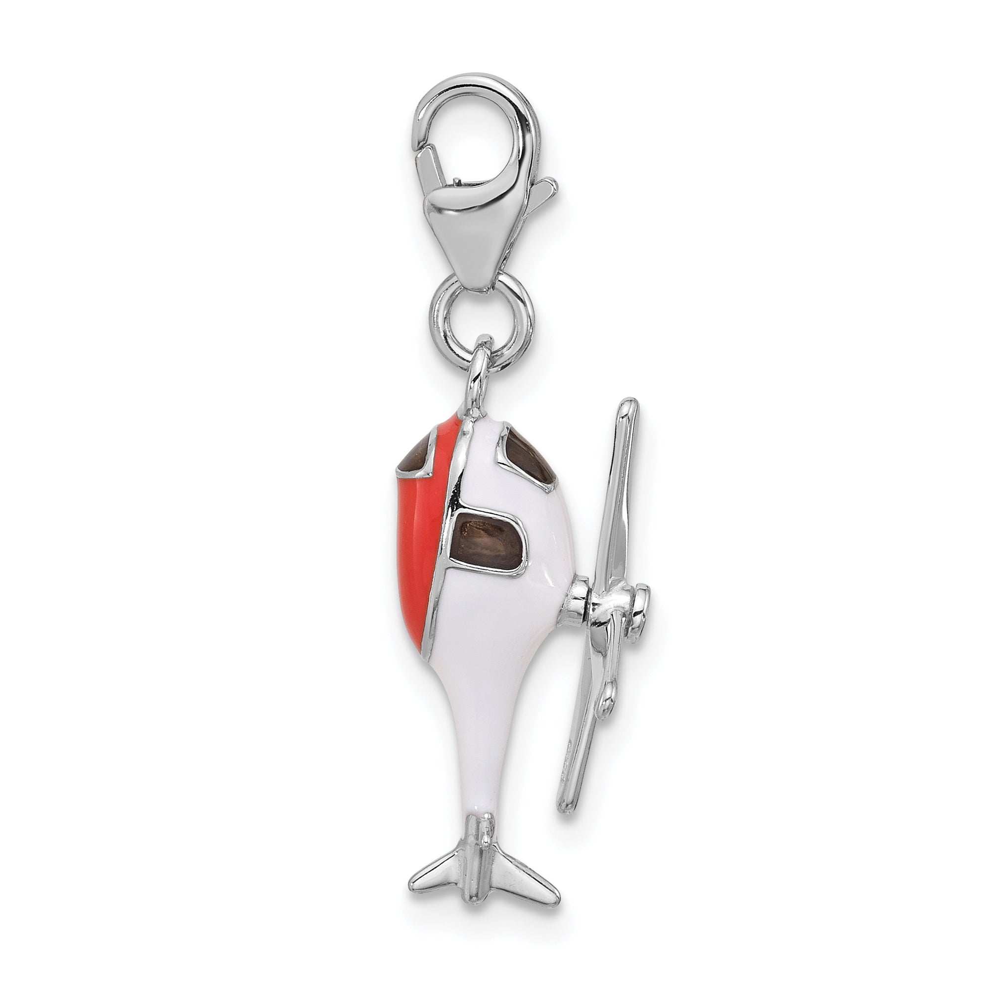 Amore La Vita Sterling Silver Rhodium-plated 3-D Moveable White/Black and Orange Enameled Helicopter Charm with Fancy Lobster Clasp