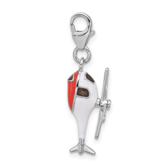 Amore La Vita Sterling Silver Rhodium-plated 3-D Moveable White/Black and Orange Enameled Helicopter Charm with Fancy Lobster Clasp
