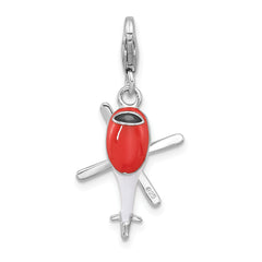 Amore La Vita Sterling Silver Rhodium-plated 3-D Moveable White/Black and Orange Enameled Helicopter Charm with Fancy Lobster Clasp