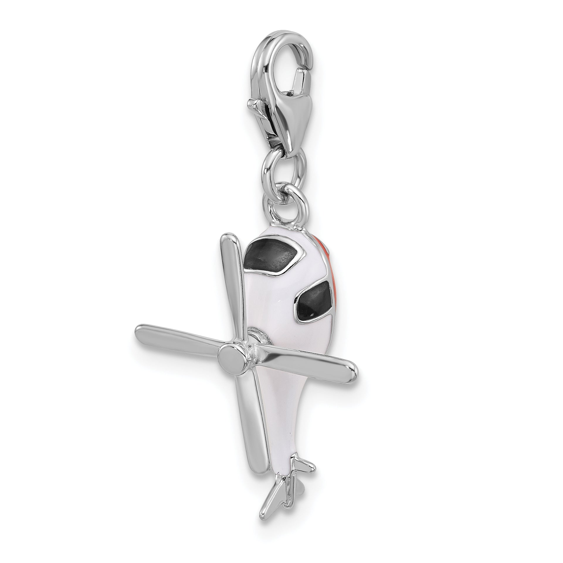 Amore La Vita Sterling Silver Rhodium-plated 3-D Moveable White/Black and Orange Enameled Helicopter Charm with Fancy Lobster Clasp