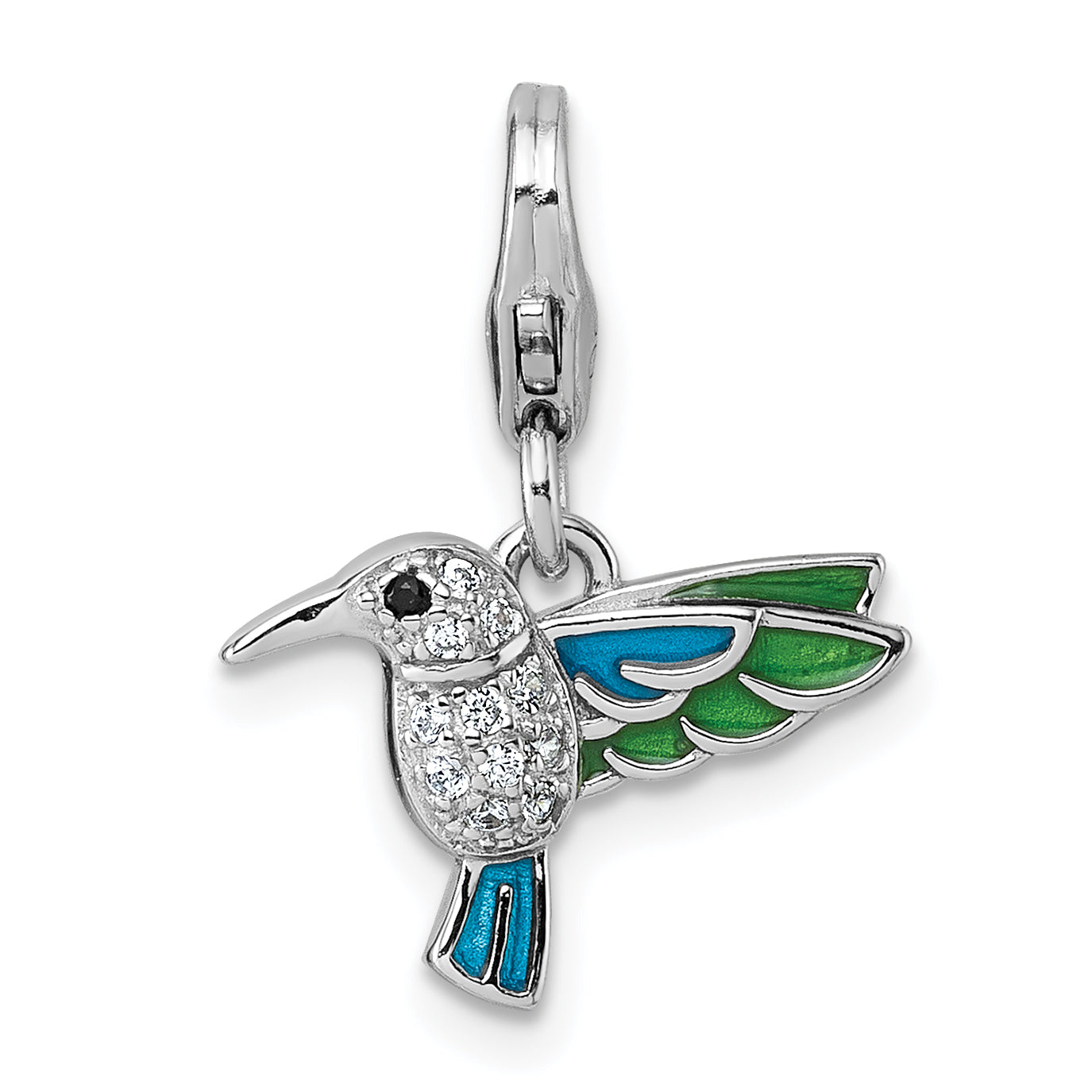 Sterling Silver Amore La Vita Rhodium-plated Blue and Green Enamel with CZ and Black Spinel Hummingbird Charm with Lobster Clasp Main image