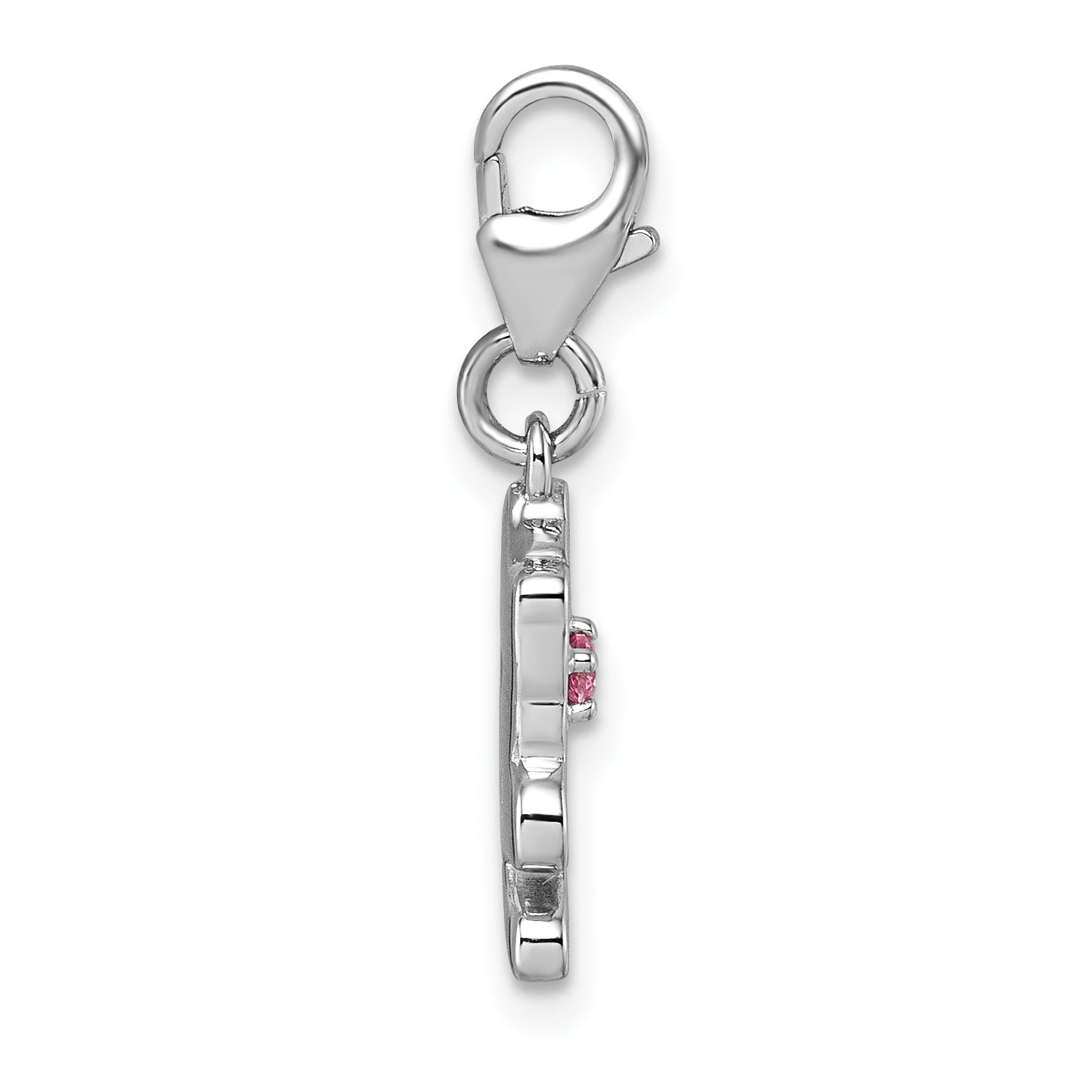 Sterling Silver Amore La Vita Rhodium-plated White Enameled Cat with Pink CZ Charm with Lobster Clasp