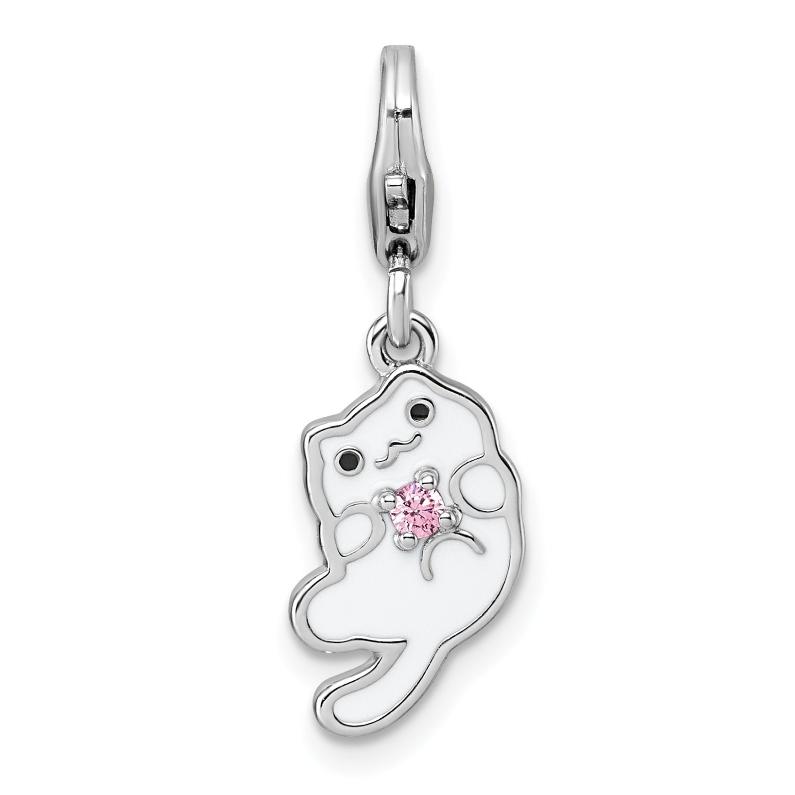 Sterling Silver Amore La Vita Rhodium-plated White Enameled Cat with Pink CZ Charm with Lobster Clasp Main image