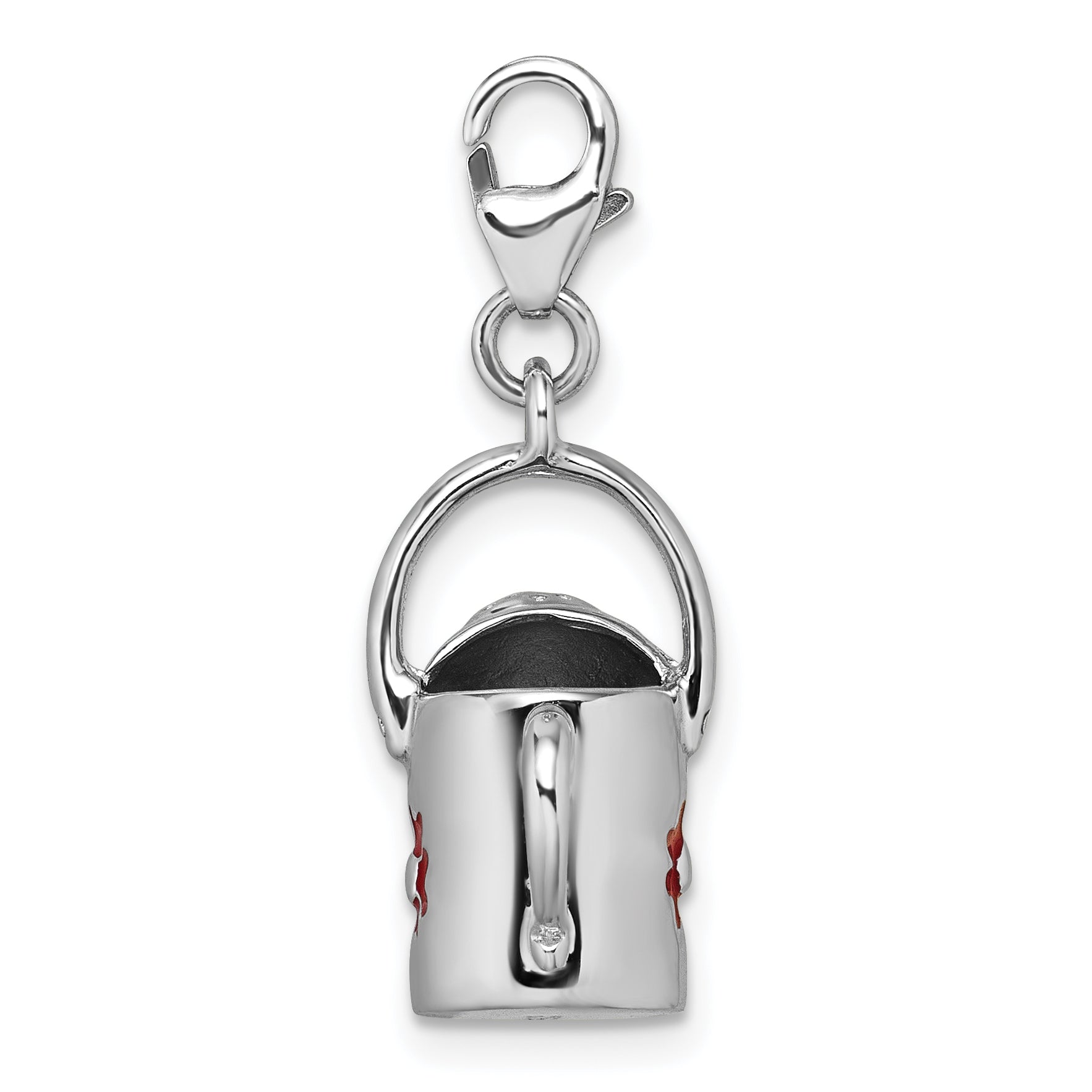 Sterling Silver Amore La Vita Rhodium-plated 3D Red Enameled Flower on Watering Can Charm with Lobster Clasp