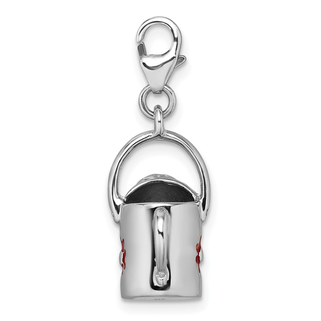 Sterling Silver Amore La Vita Rhodium-plated 3D Red Enameled Flower on Watering Can Charm with Lobster Clasp
