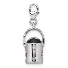 Sterling Silver Amore La Vita Rhodium-plated 3D Red Enameled Flower on Watering Can Charm with Lobster Clasp