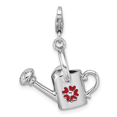 Sterling Silver Amore La Vita Rhodium-plated 3D Red Enameled Flower on Watering Can Charm with Lobster Clasp