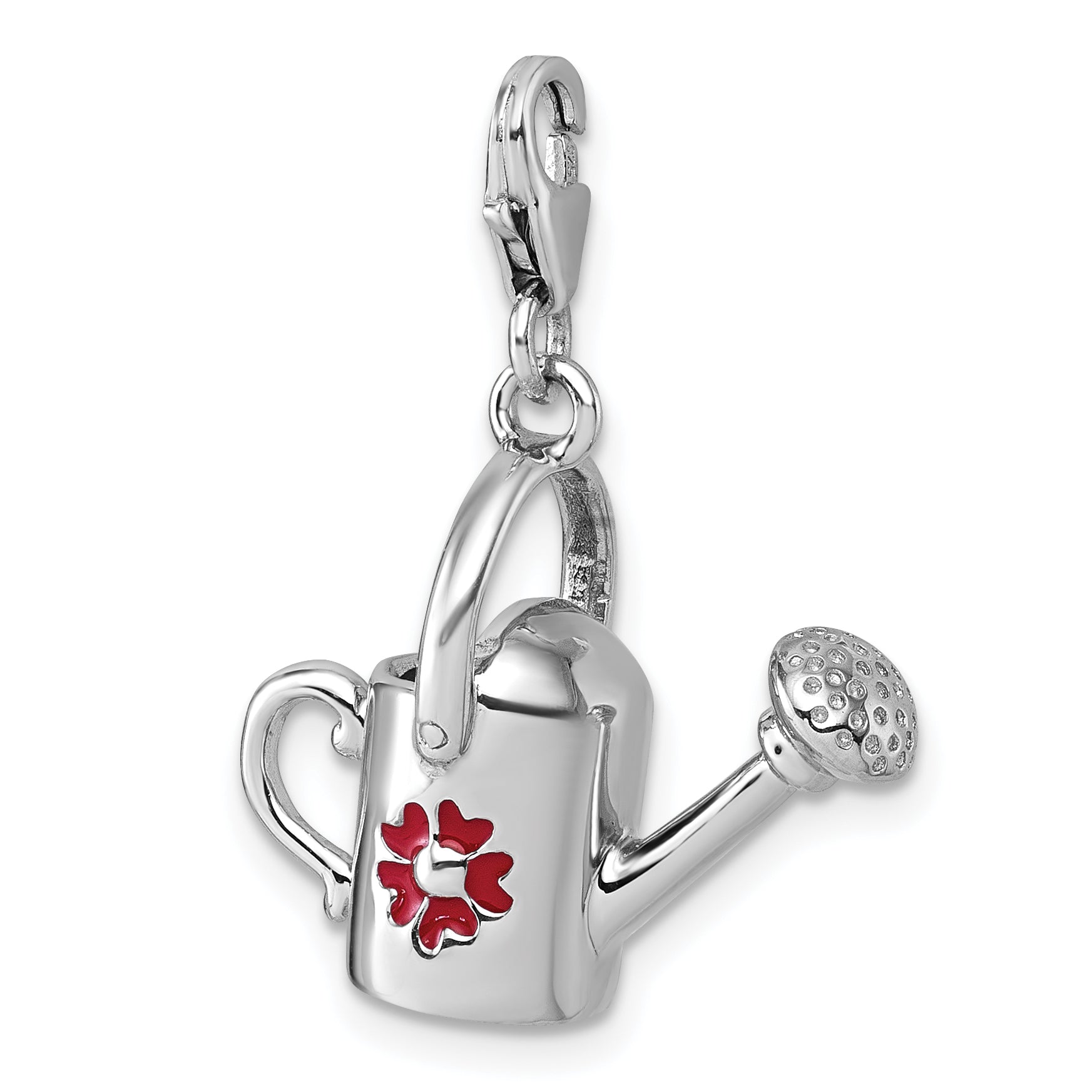 Sterling Silver Amore La Vita Rhodium-plated 3D Red Enameled Flower on Watering Can Charm with Lobster Clasp
