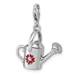 Sterling Silver Amore La Vita Rhodium-plated 3D Red Enameled Flower on Watering Can Charm with Lobster Clasp