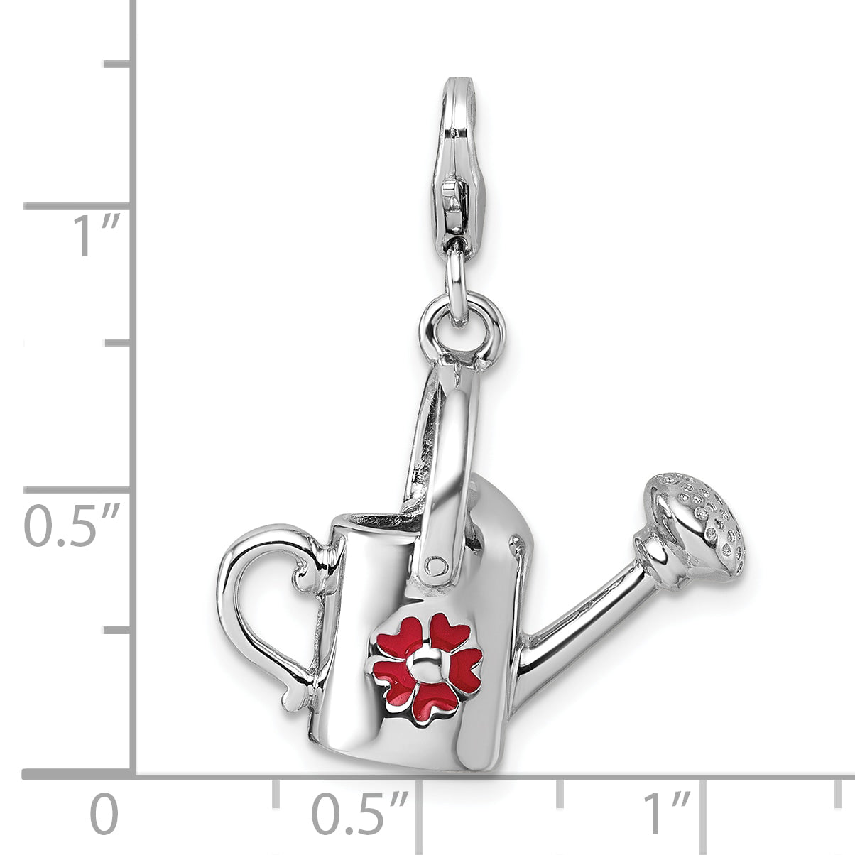 Sterling Silver Amore La Vita Rhodium-plated 3D Red Enameled Flower on Watering Can Charm with Lobster Clasp