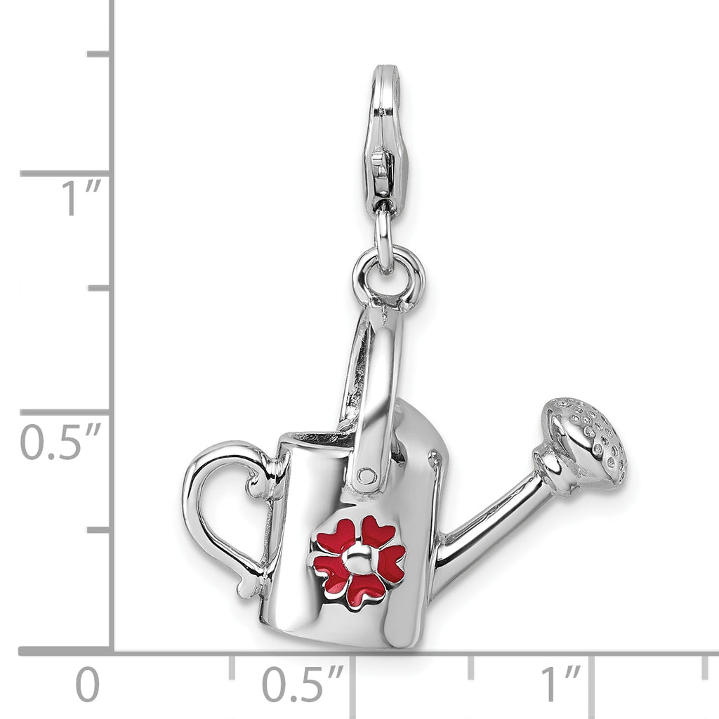 Sterling Silver Amore La Vita Rhodium-plated 3D Red Enameled Flower on Watering Can Charm with Lobster Clasp