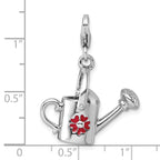 Sterling Silver Amore La Vita Rhodium-plated 3D Red Enameled Flower on Watering Can Charm with Lobster Clasp