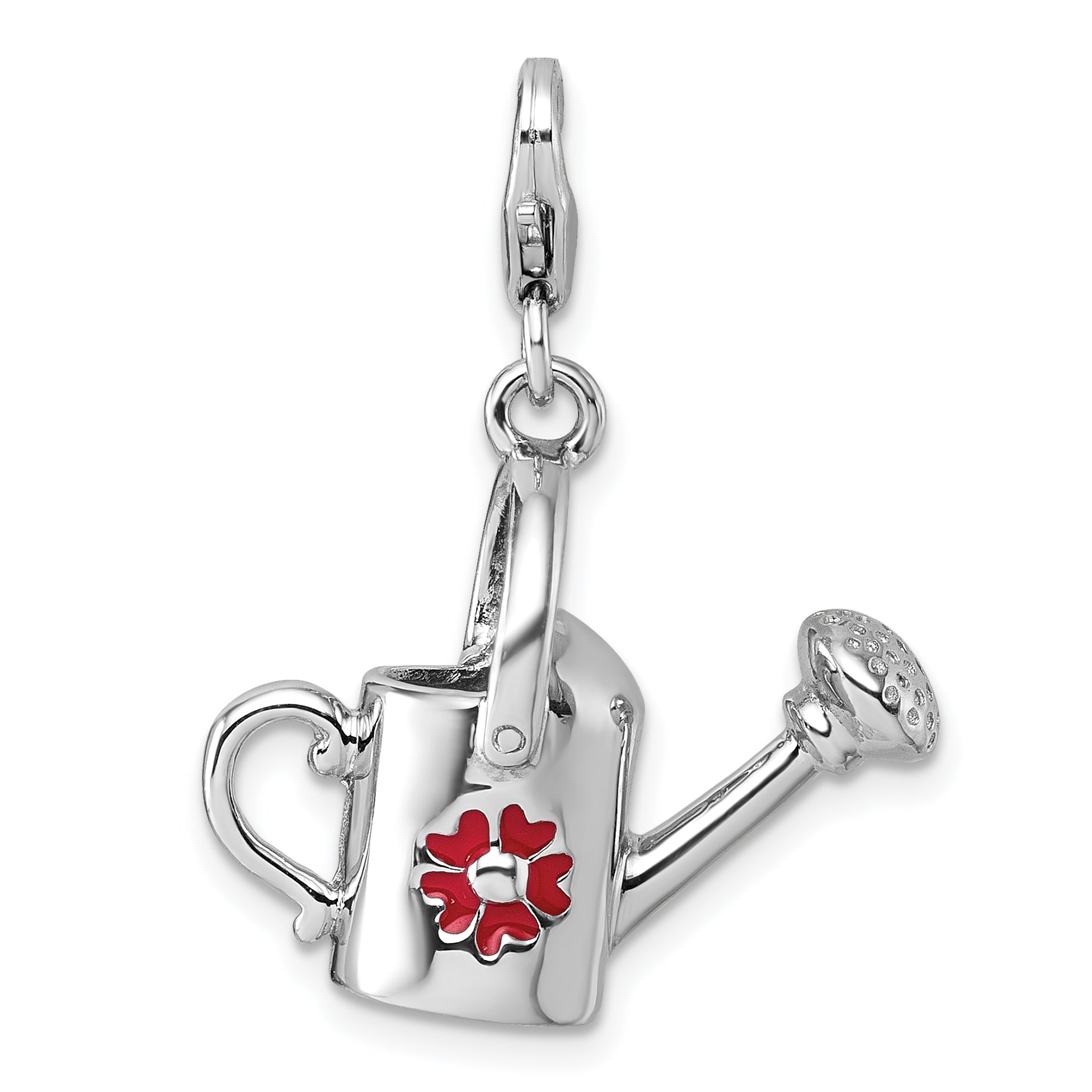 Sterling Silver Amore La Vita Rhodium-plated 3D Red Enameled Flower on Watering Can Charm with Lobster Clasp Main image