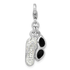 Sterling Silver Amore La Vita Rhodium-plated Polished Black Enamel Sunglasses And White Crystal Flip-Flop Charm