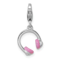 Sterling Silver Amore La Vita Rhodium-plated 3D Pink Enamel and Swarovski Crystal Headphones Charm with Lobster Clasp