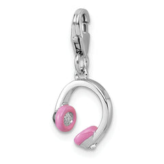 Sterling Silver Amore La Vita Rhodium-plated 3D Pink Enamel and Swarovski Crystal Headphones Charm with Lobster Clasp