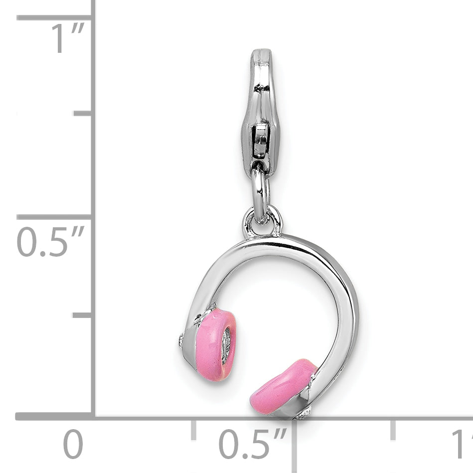 Sterling Silver Amore La Vita Rhodium-plated 3D Pink Enamel and Swarovski Crystal Headphones Charm with Lobster Clasp