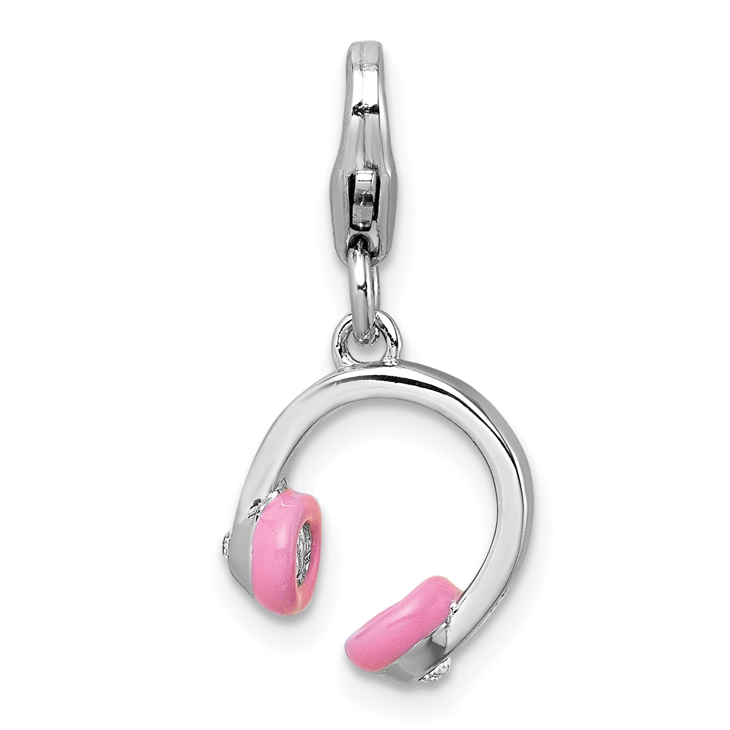 Sterling Silver Amore La Vita Rhodium-plated 3D Pink Enamel and Swarovski Crystal Headphones Charm with Lobster Clasp Main image
