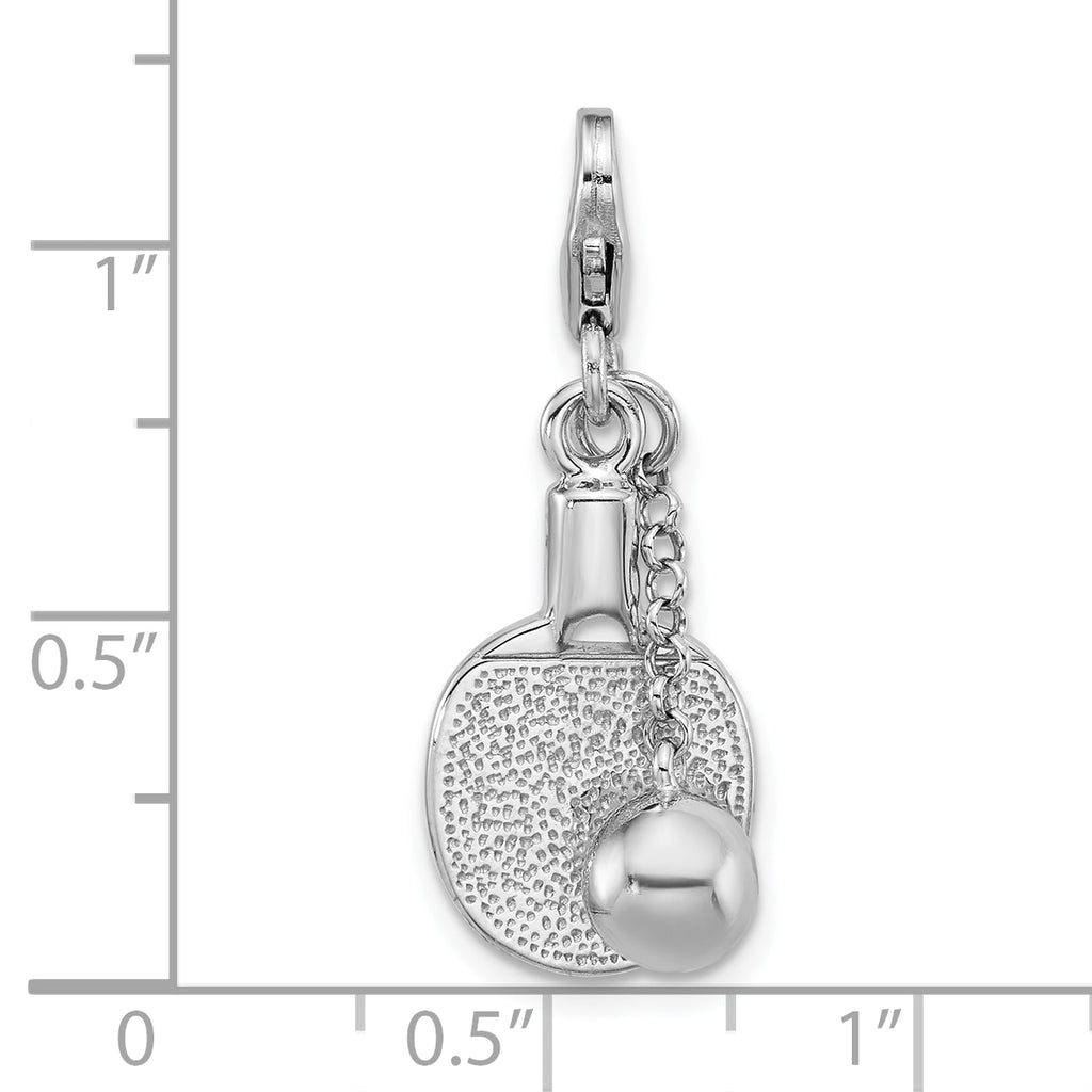 Sterling Silver Amore La Vita Rhodium-plated 3D Textured Ping Pong Paddle and Ball Charm with Lobster Clasp
