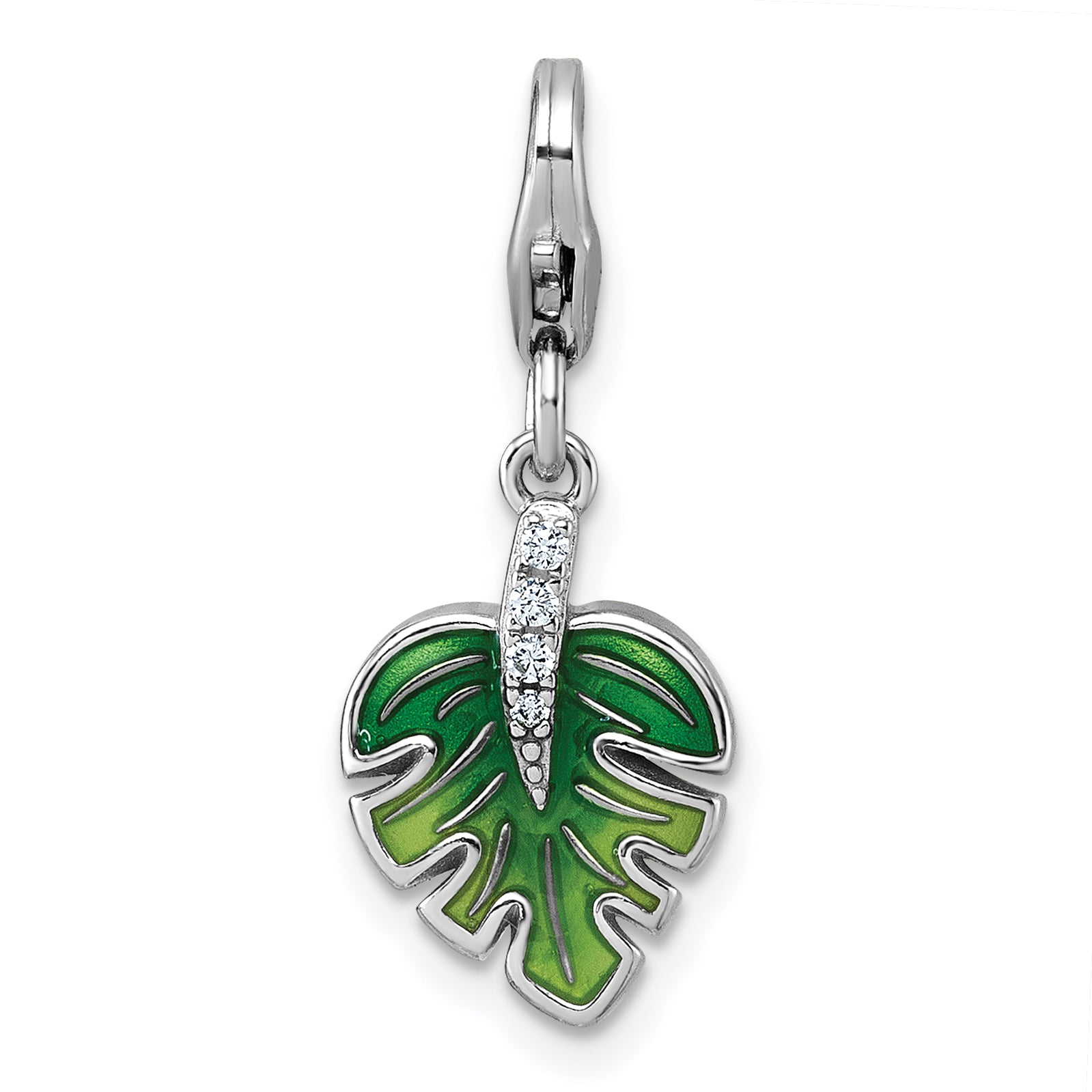 Sterling Silver Amore La Vita Rhodium-plated 3D Green Enameled with CZ Leaf Charm with Lobster Clasp Main image