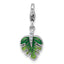 Sterling Silver Amore La Vita Rhodium-plated 3D Green Enameled with CZ Leaf Charm with Lobster Clasp