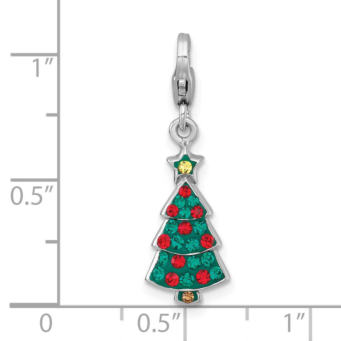 Sterling Silver Amore La Vita Rhodium-plated Polished Green/Red/Yellow Crystal Christmas Tree Charm