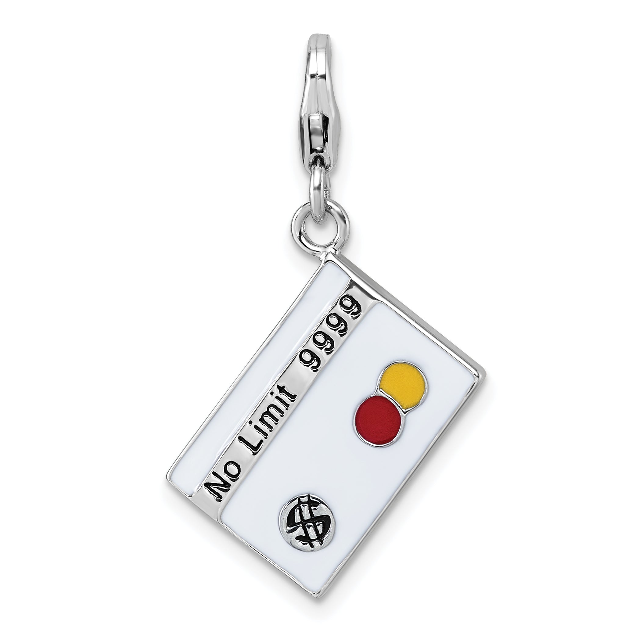 Sterling Silver Amore La Vita Rhodium-plated White/Black/Red/Yellow Enameled No Limit Credit Card Charm with Lobster Clasp