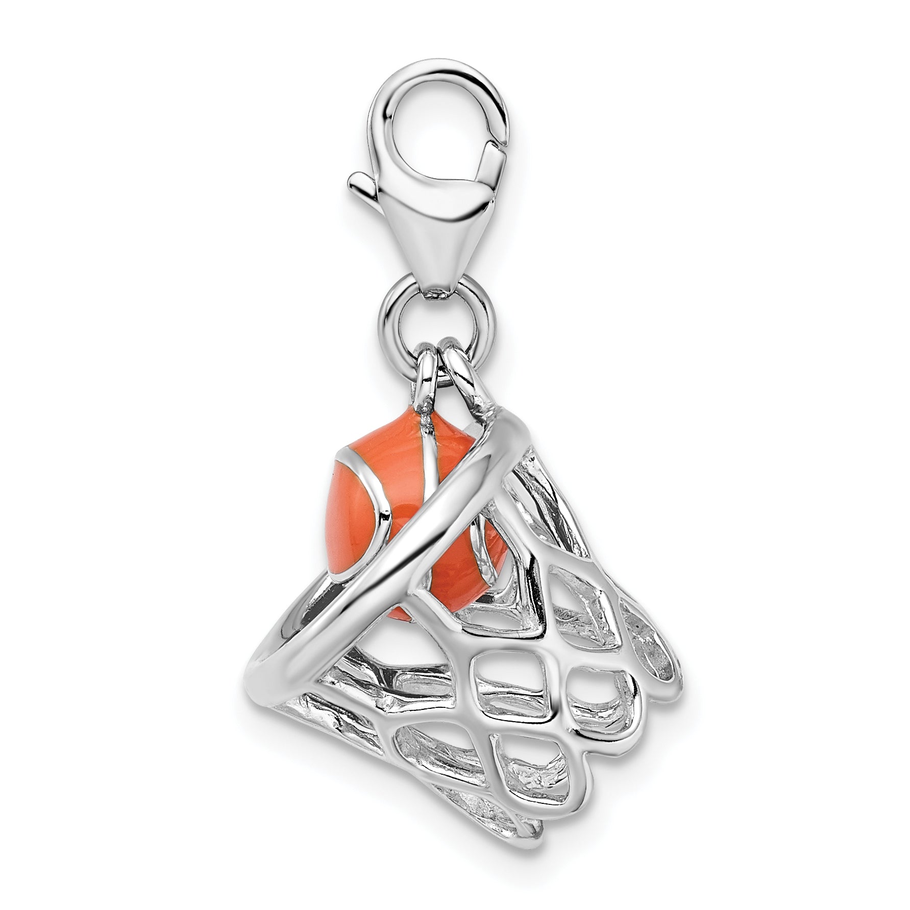 Amore La Vita Sterling Silver Rhodium-plated Polished 3-D Moveable Enameled Basketball in Net Charm with Fancy Lobster Clasp Secondary image