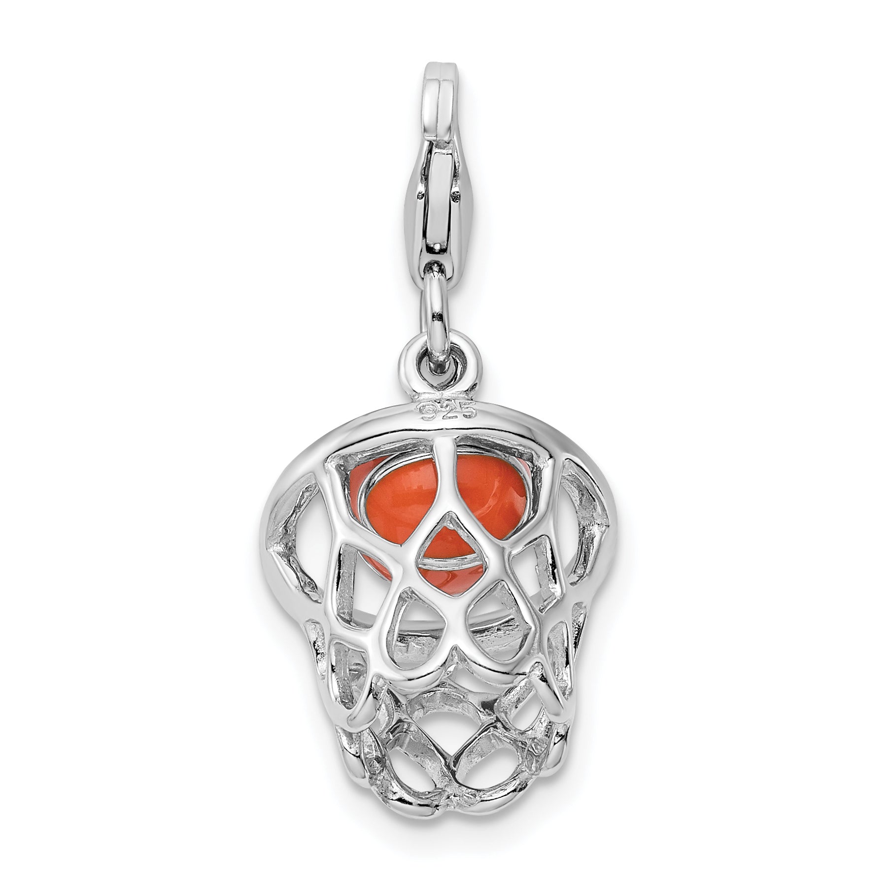 Amore La Vita Sterling Silver Rhodium-plated Polished 3-D Moveable Enameled Basketball in Net Charm with Fancy Lobster Clasp