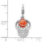 Amore La Vita Sterling Silver Rhodium-plated Polished 3-D Moveable Enameled Basketball in Net Charm with Fancy Lobster Clasp