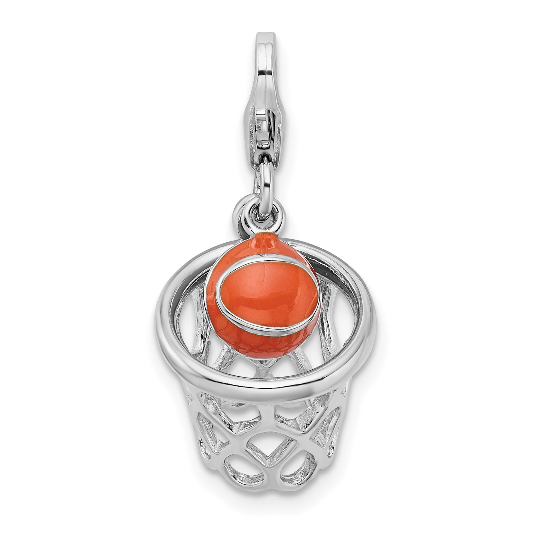 Amore La Vita Sterling Silver Rhodium-plated Polished 3-D Moveable Enameled Basketball in Net Charm with Fancy Lobster Clasp Main image