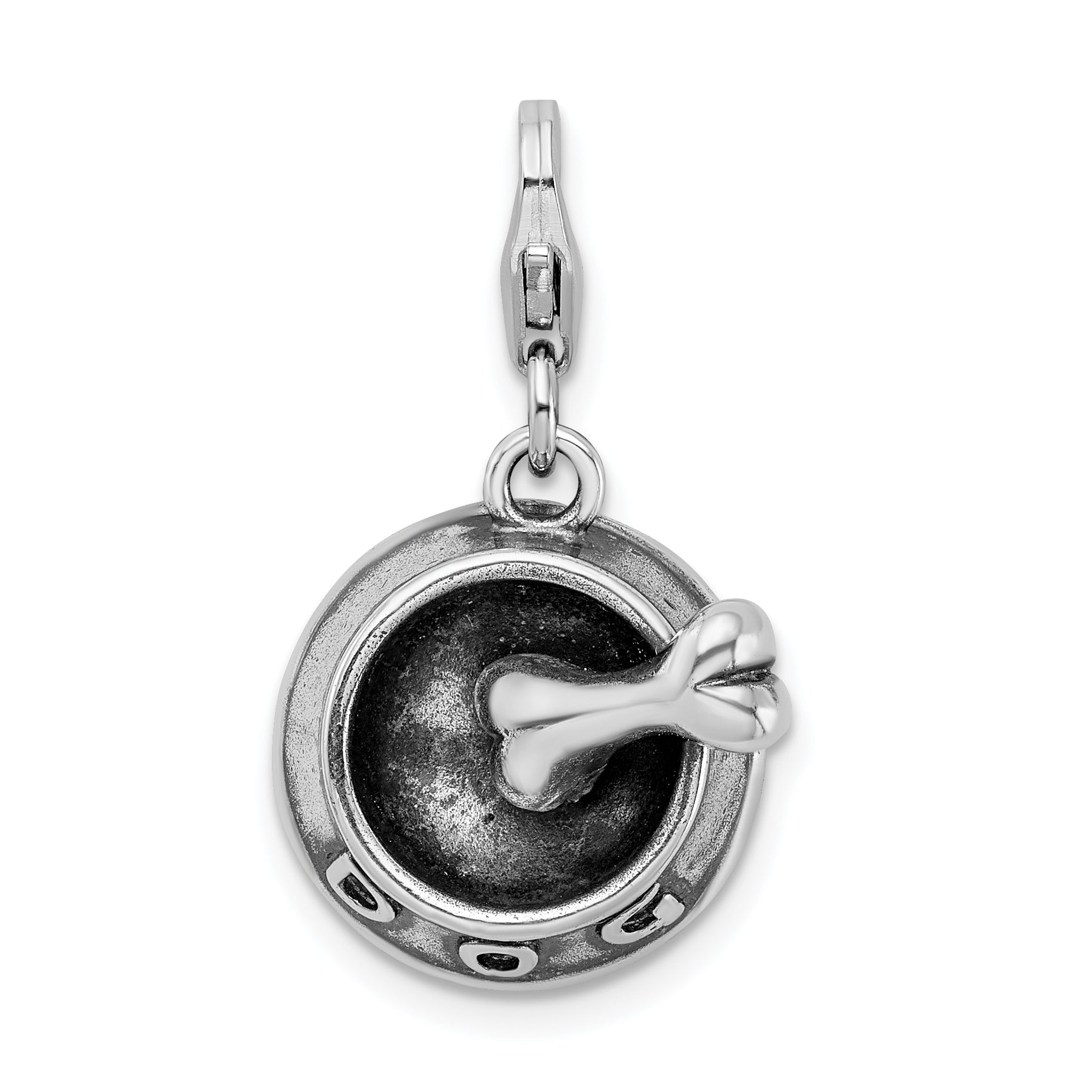 Amore La Vita Sterling Silver Rhodium-plated Polished 3-D Dog Bowl and Bone Charm with Fancy Lobster Clasp Main image