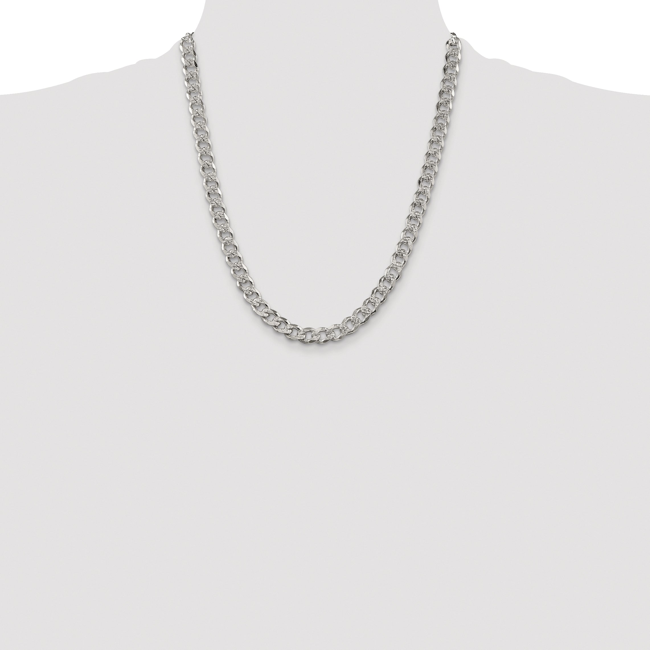 Sterling Silver Rhodium-plated 7.5mm Pave Curb Chain