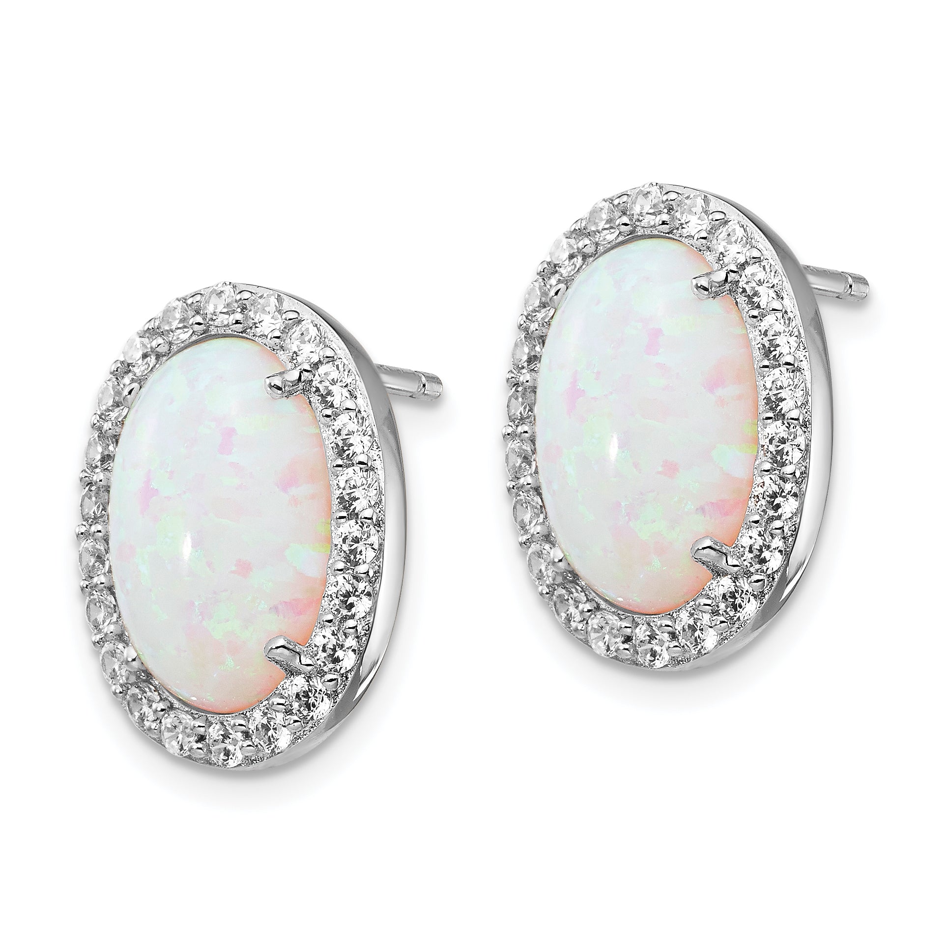 Cheryl M Sterling Silver Rhodium-plated Cabochon Lab Created Opal and Brilliant-cut CZ Oval Halo Post Earrings Secondary image
