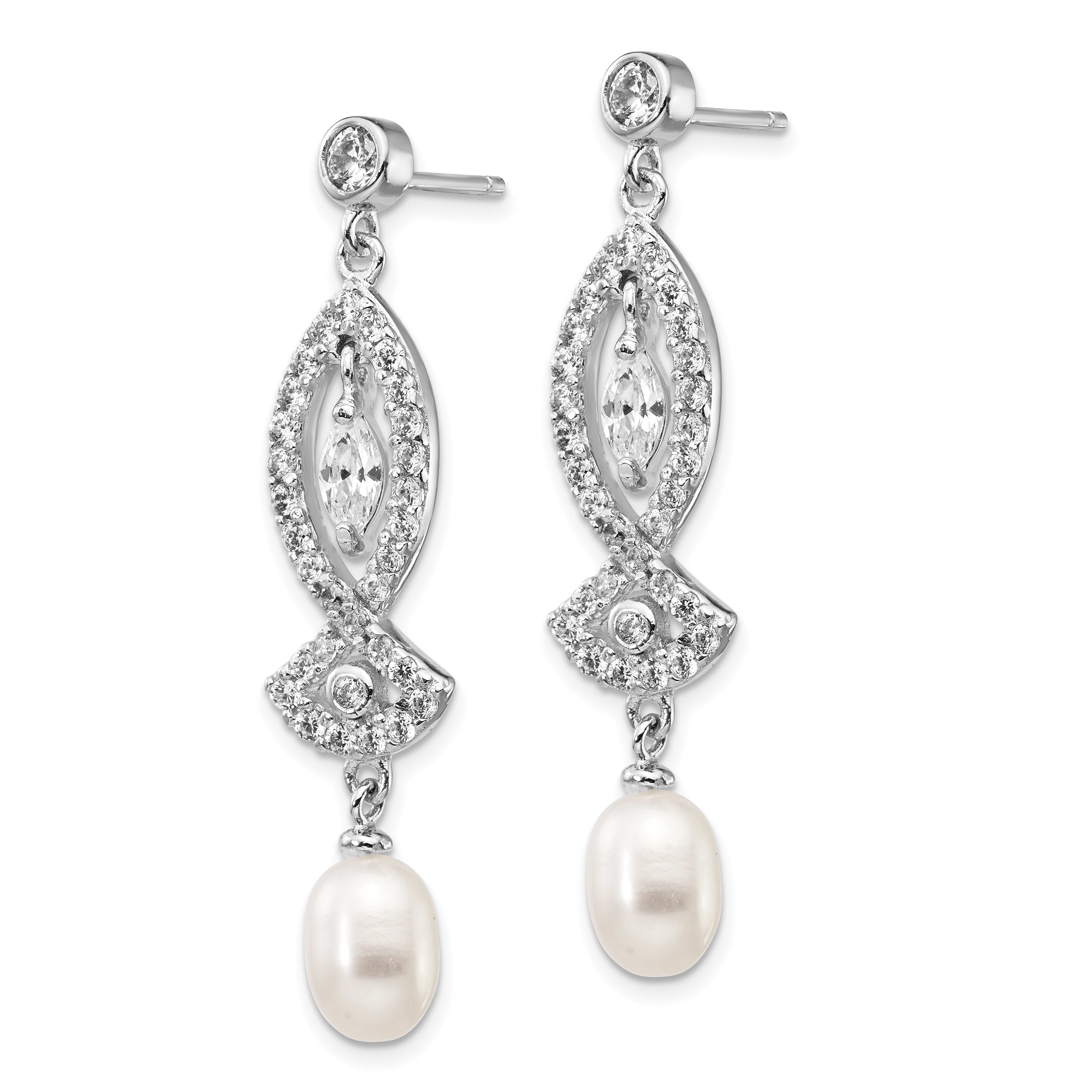 Cheryl M Sterling Silver Rhodium-plated Teardrop Freshwater Cultured Pearl and Marquise-cut/Brilliant-cut CZ Post Dangle Earrings Secondary image