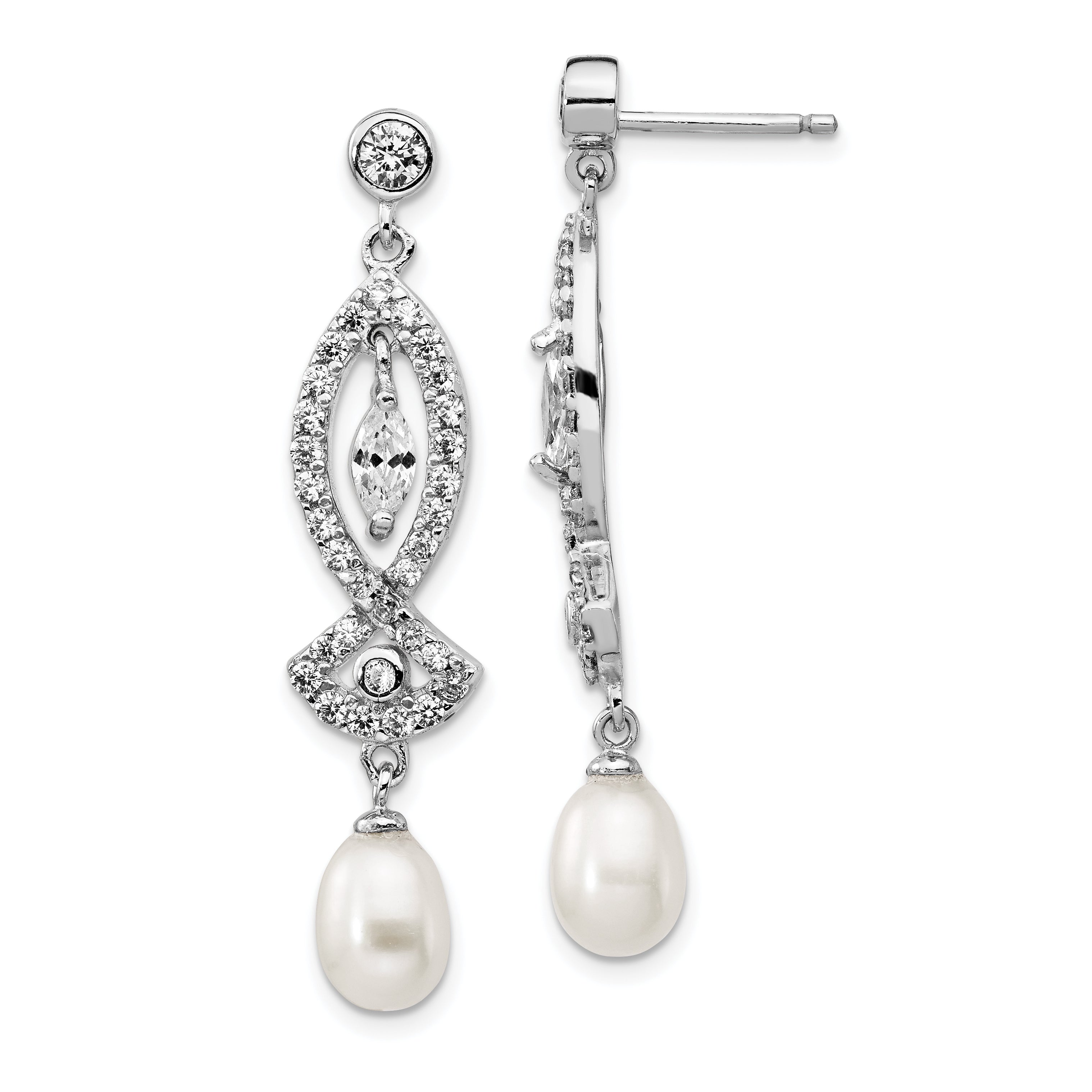 Cheryl M Sterling Silver Rhodium-plated Teardrop Freshwater Cultured Pearl and Marquise-cut/Brilliant-cut CZ Post Dangle Earrings Main image