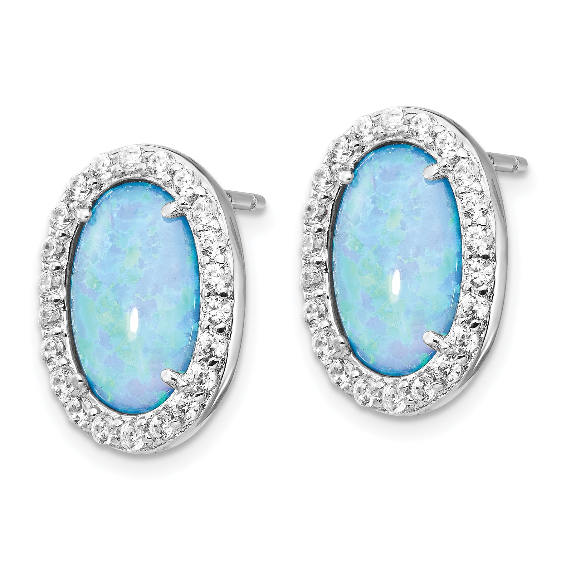 Cheryl M Sterling Silver Rhodium-plated Cabochon Lab Created Blue Opal and Brilliant-cut CZ Oval Post Earrings Secondary image