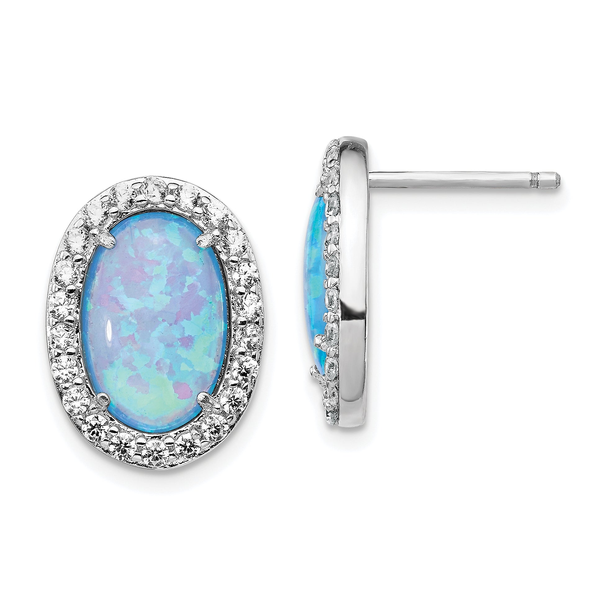 Cheryl M Sterling Silver Rhodium-plated Cabochon Lab Created Blue Opal and Brilliant-cut CZ Oval Post Earrings Main image